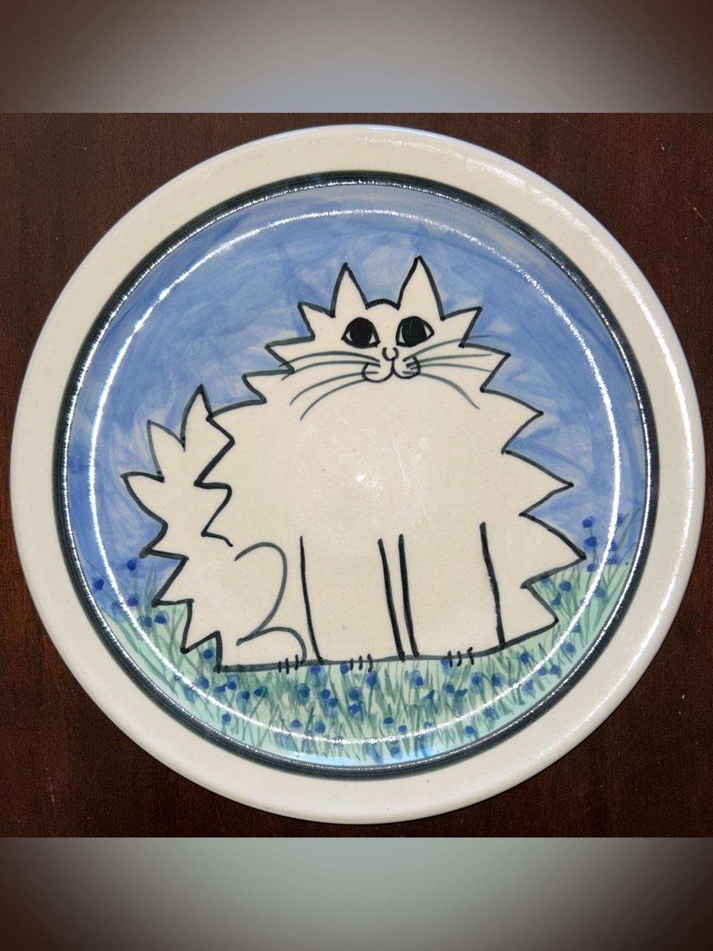 Karen Donleavy Fat White Cat Deluxe Pottery Plate 10.5” SIGNED